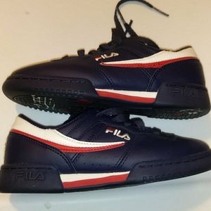 Girl or boy blue red and white Fila shoes